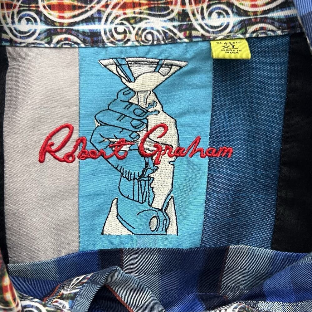 Robert Graham Shirt Mens XL Blue Plaid Flip Cuff Check‎ Classic Fit Embroidered - Picture 9 of 14